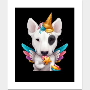 White Bull Terrier with Black Eye Patch Ice Cream Unicorn Posters and Art